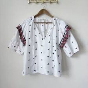Marie Oliver White Embroidered Vida Ruffle Sleeve Top Women's Size S